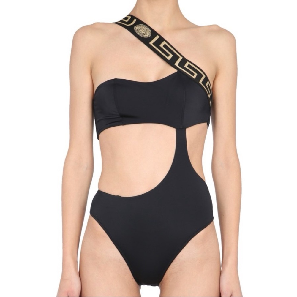 Versace Black and Gold Greca Border One-Shoulder Swimsuit NWT size 5